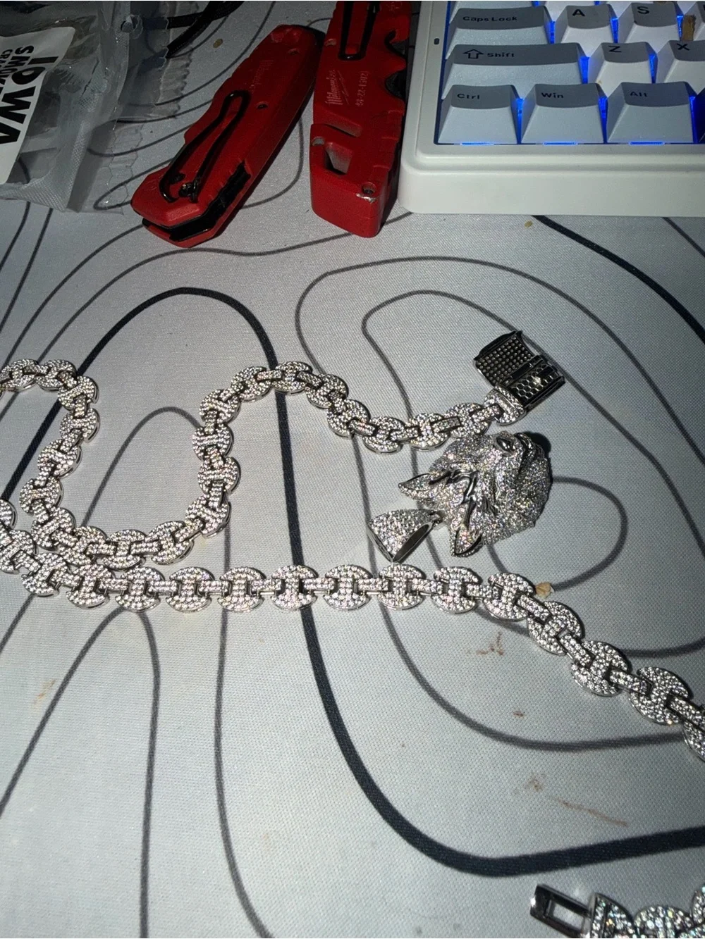Stamped 925 Silver Wolf Head Pendant w/ Heavy Iced Link Chain